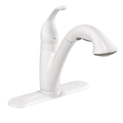 Llave monomando extraíble con acabado en blanco glaciar y arco bajo para cocina
